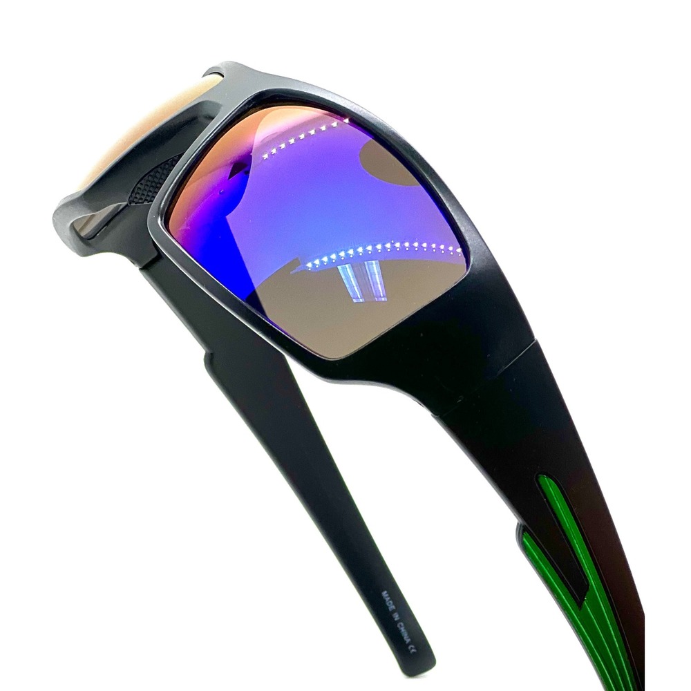 Men's Black Sunglasses With‎ Green Accents & Mirrored Blue Lenses Sport Running